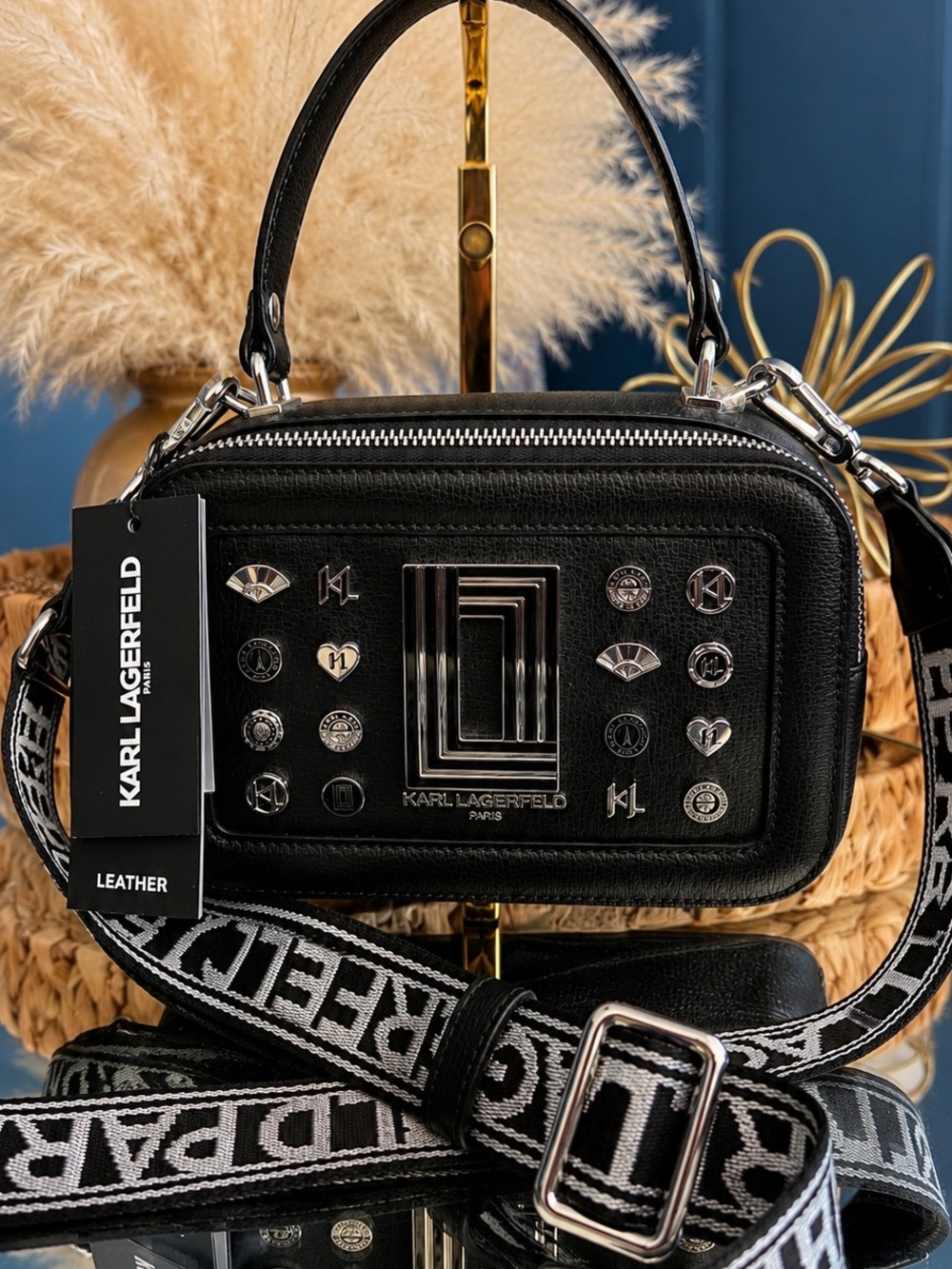 Karl Lagerfeld Paris Black Leather Studded Crossbody Satchel Logo Strap